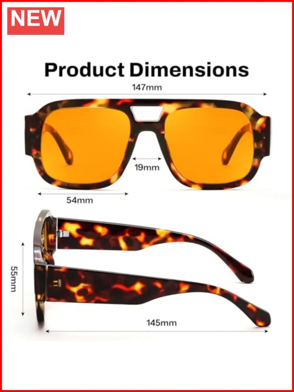 Retro Aviator Thick Frame Square Pilot Sunglasses for Women Men Double Bridge